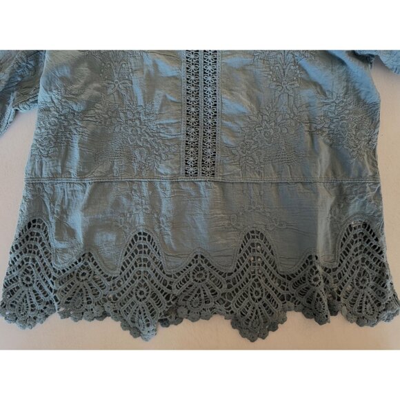 Democracy NWT Dusty Blue Cotton Embroidered Sz M Cottage Blouse Crocheted Lace - Picture 7 of 15